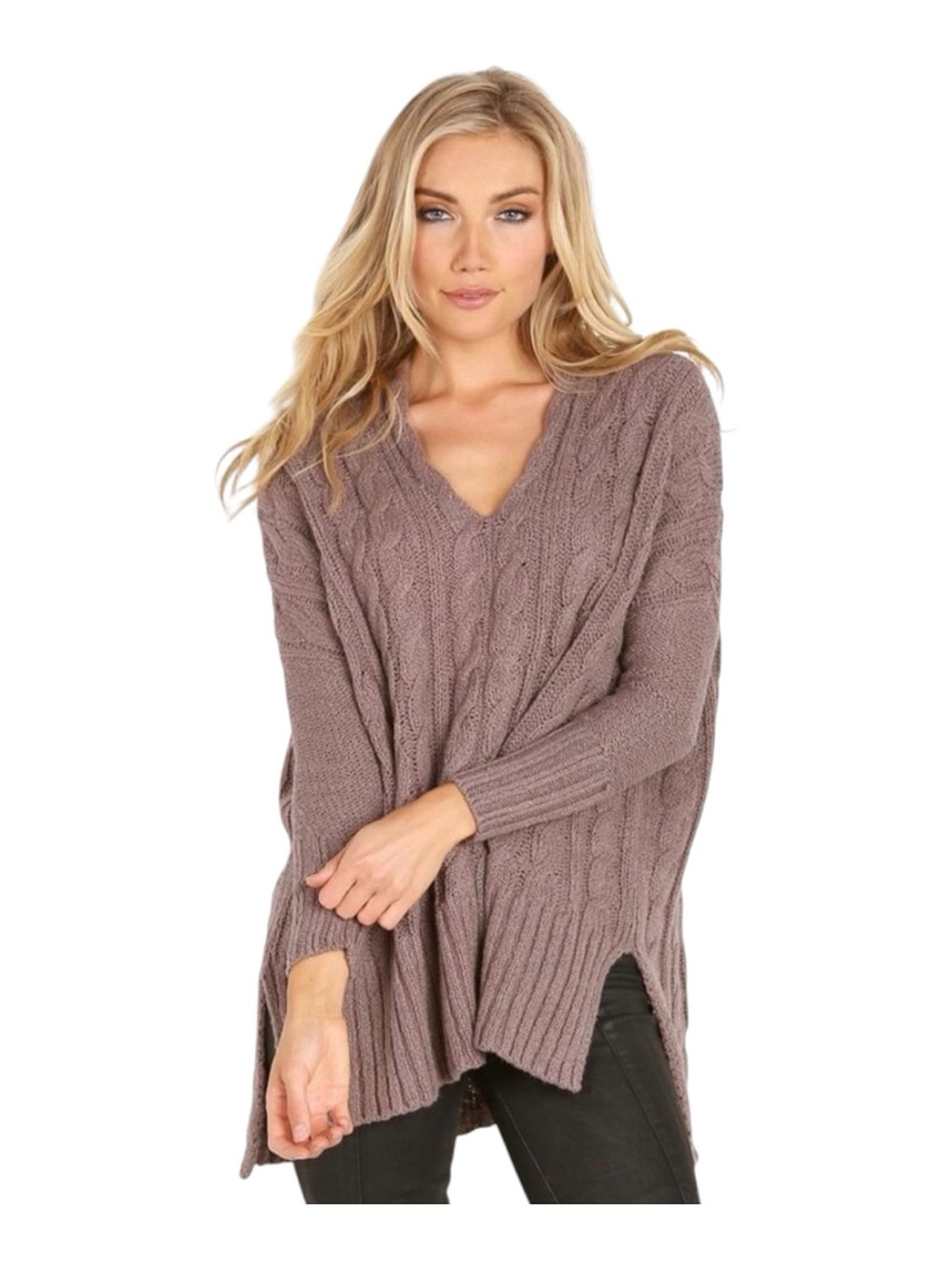 Free People Easy Cable V-Neck Oversized Slouchy Dolman Sweater Mushroom Size S